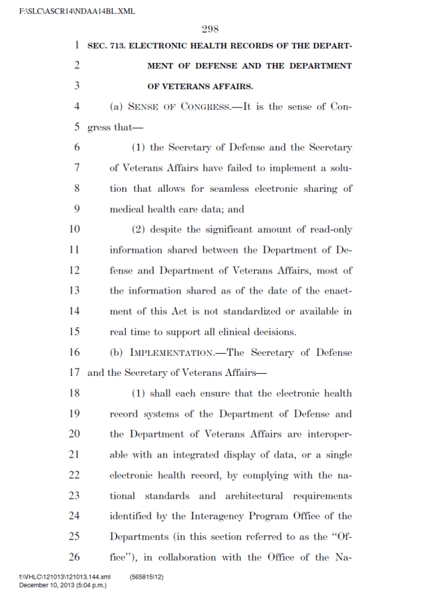 NDAA 2014 Sec 713. ELECTRONIC HEALTH RECORDS OF DoD and Veterans Affairs