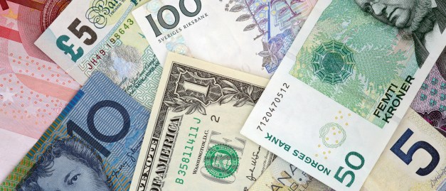 World Currencies : Euro, Pound, Dollar, Kroner banknotes