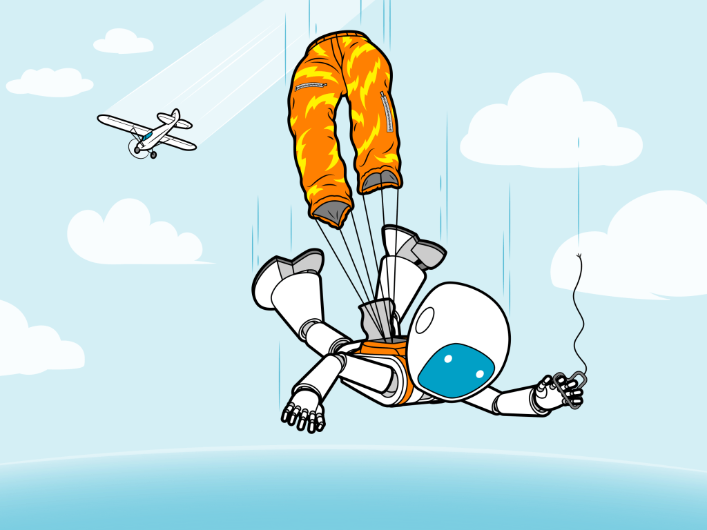 A robot falling in the sky and a plane flying away